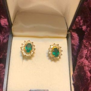 costume emerald and diamond gold stud earrings